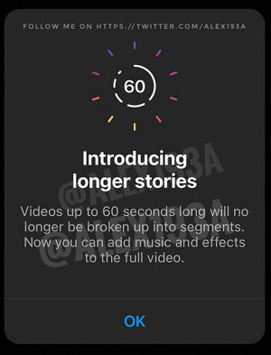 Vidéos plus longues Instagram dans la notification Stories