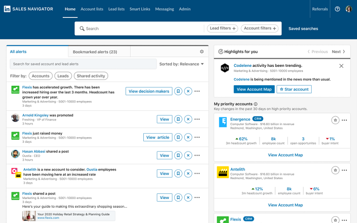 Page d'accueil LinkedIn Sales Navigator