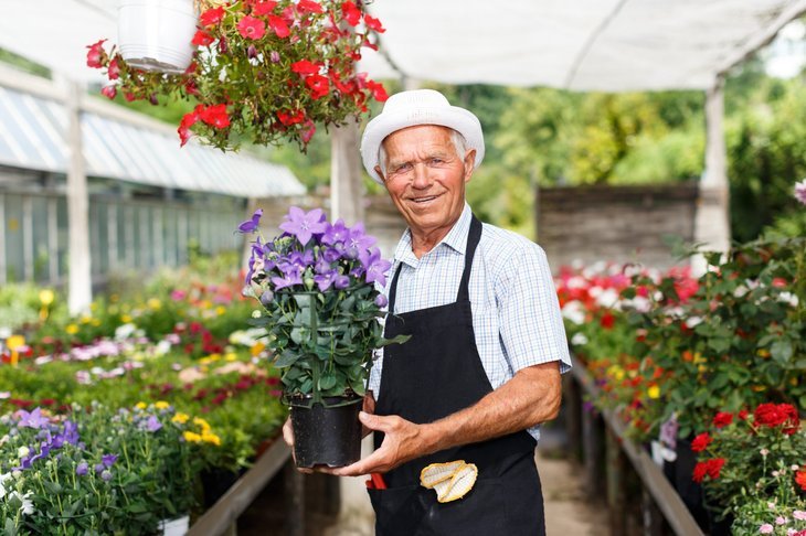 homme âgé tenant des fleurs