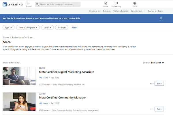 LinkedIn Learning courses from Meta