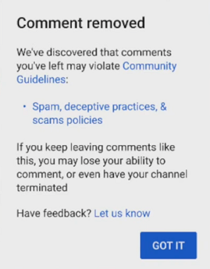 YouTube comment removal notification