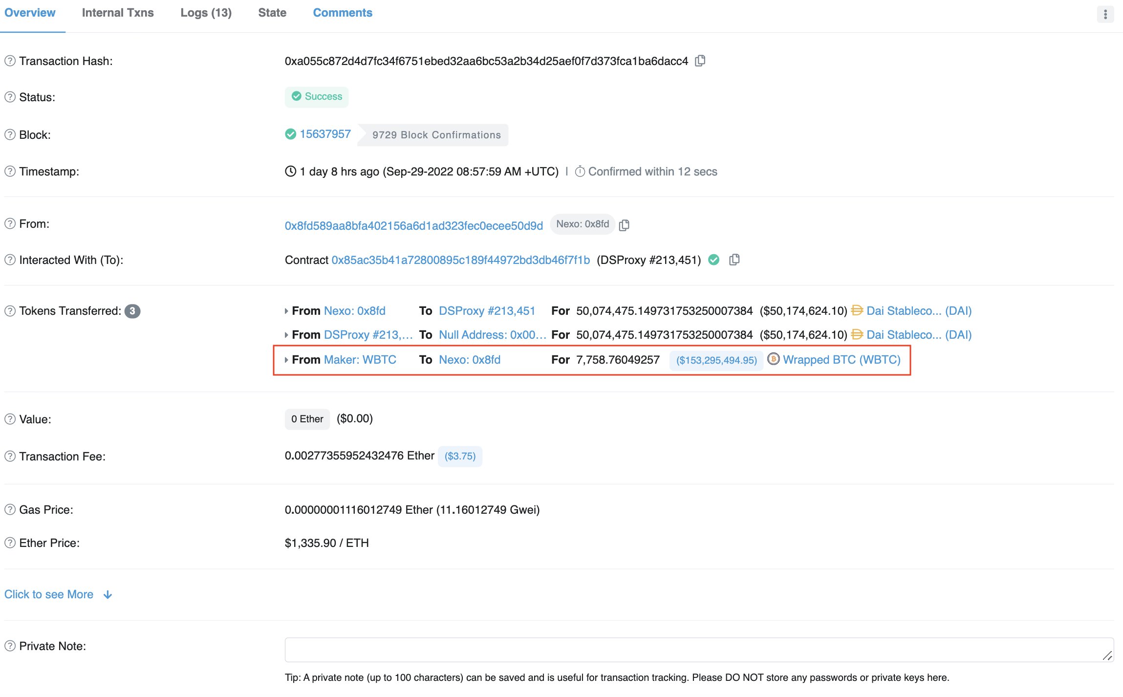 1664624507 202 Nexo labeled address withdraws 153M in Wrapped BTC from MakerDAO.jfif