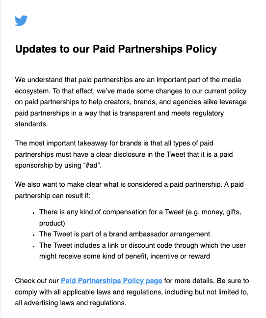 Twitter paid partnerships policy update