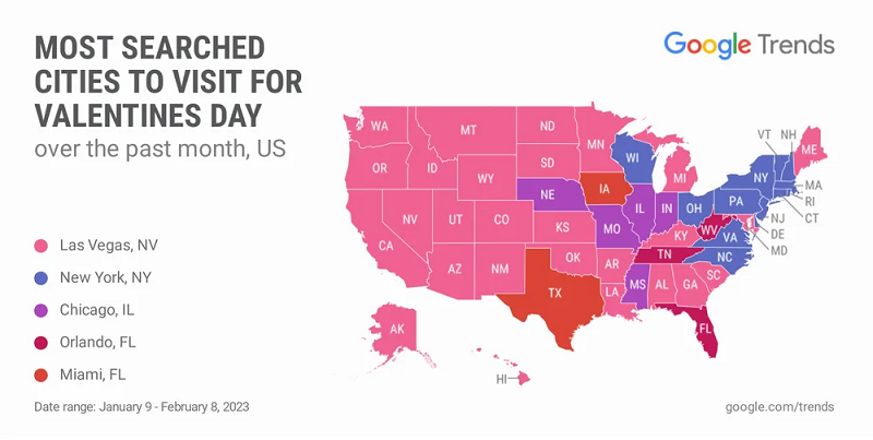 Google Valentine's Day travel trends by US state