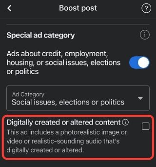 Meta digitally altered ad disclosure